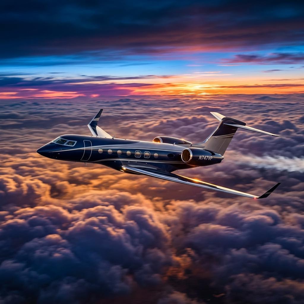 Private Jet flying above clouds